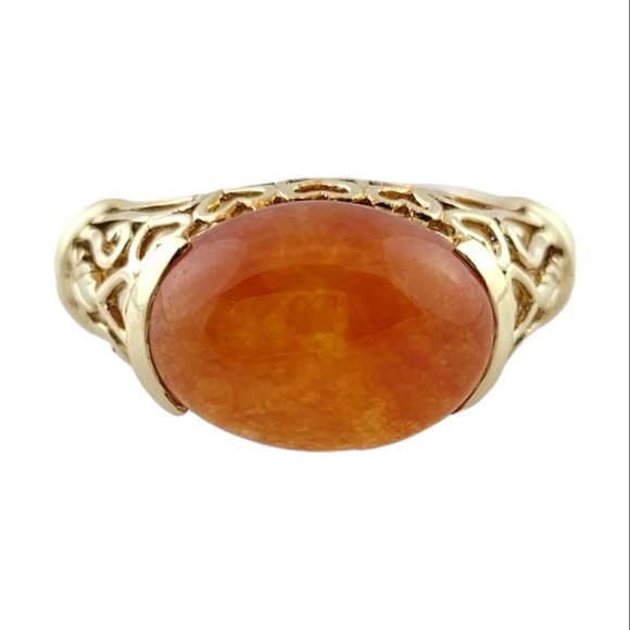 14K Yellow Gold Orange Jadeite Ring Size 8.25 #15889